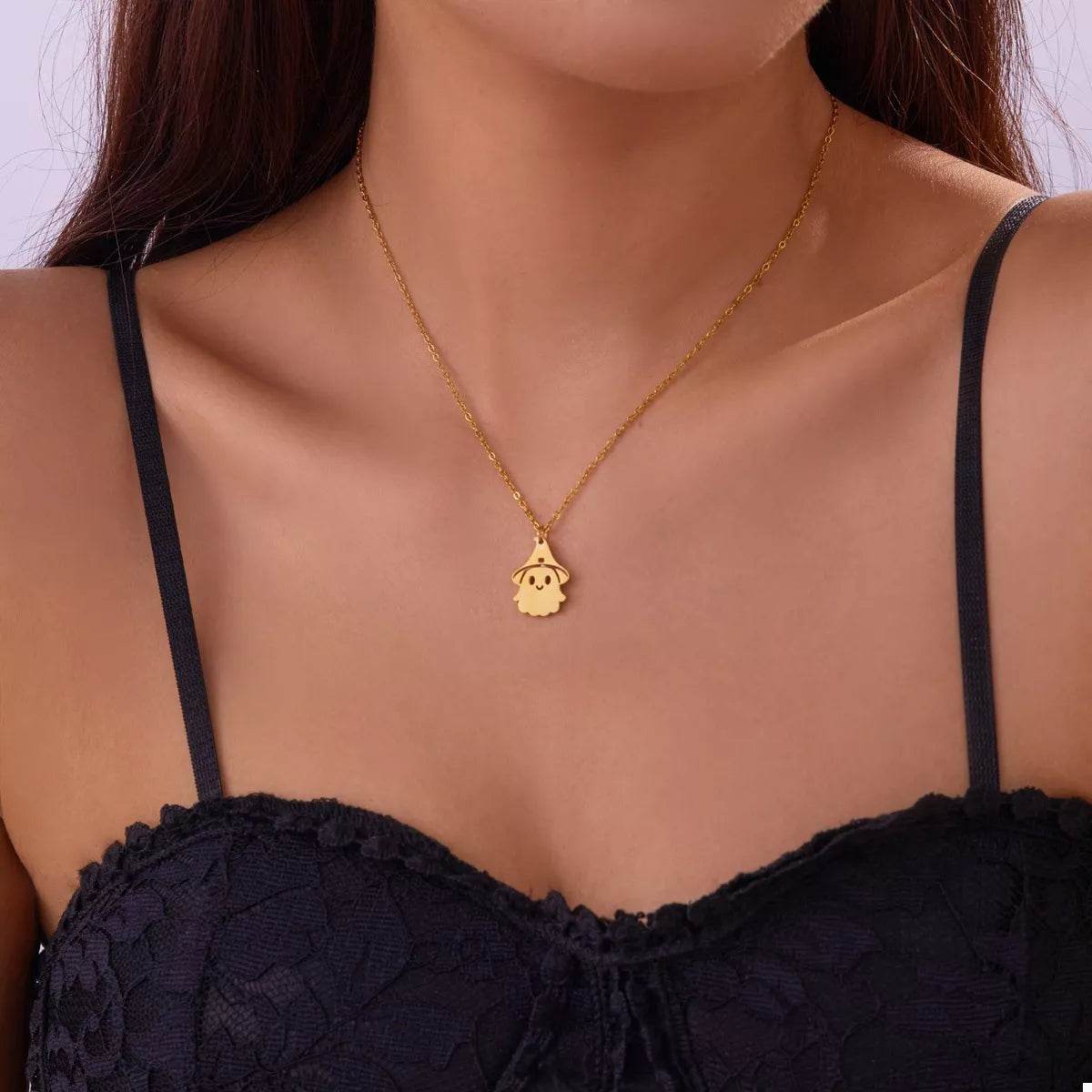18K Gold-Plated Halloween Ghost Pendant Necklace in Titanium Steel - Spooky & Stylish Jewelry