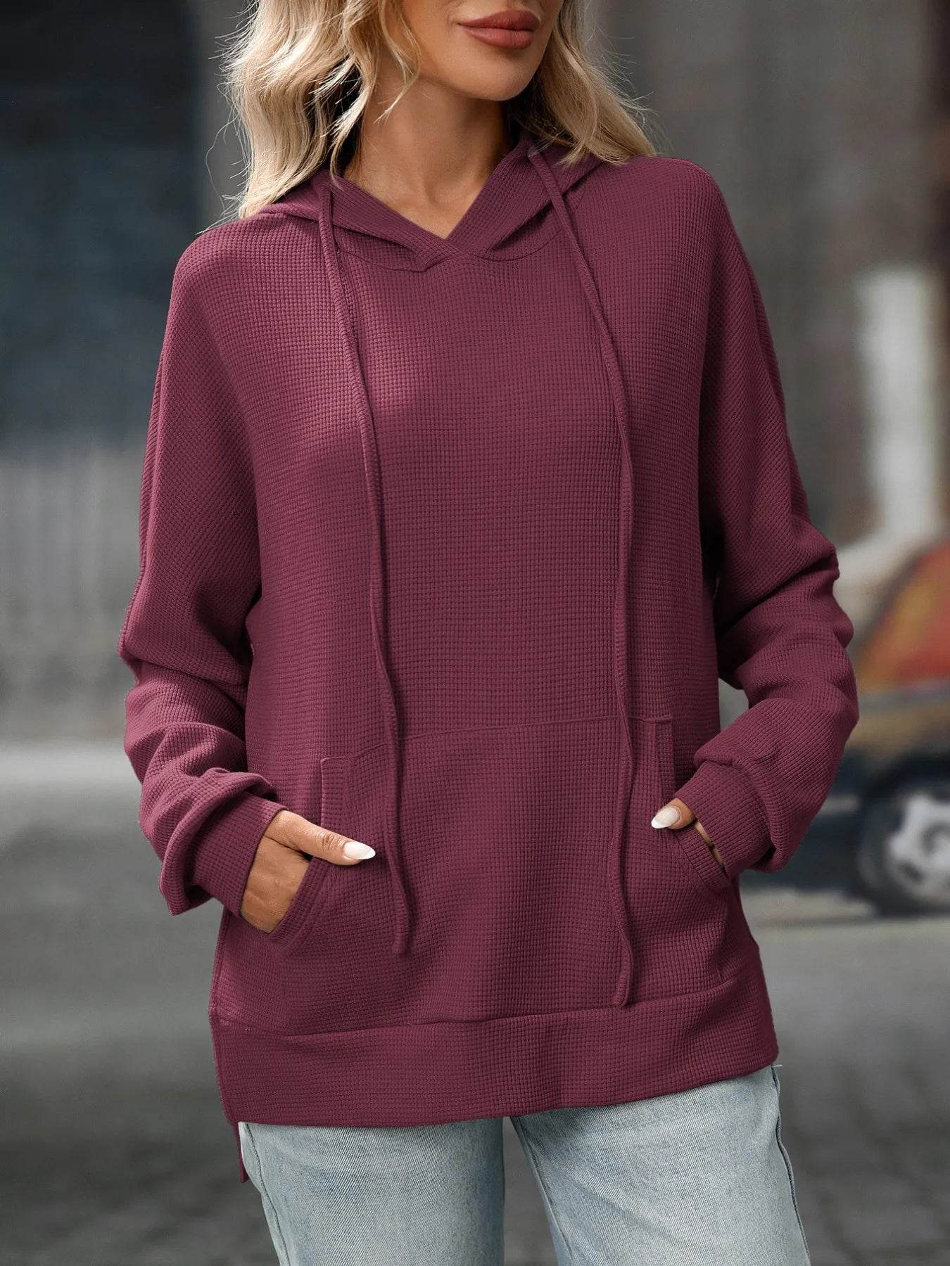 Slightly Stretchy Textured Drawstring Long Sleeve Hoodie with Pocket - Trendy Casual Wear - Store 42