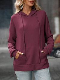 Slightly Stretchy Textured Drawstring Long Sleeve Hoodie with Pocket - Trendy Casual Wear - Store 42
