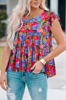 Floral Babydoll Blouse with Round Neck and Butterfly Sleeves - Casual Chic Style - Store 42