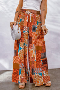 Bohemian Patchwork Drawstring Wide Leg Pants Orange