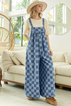 Double Take Checkered Sleeveless Wide Leg Denim Jumpsuit Medium