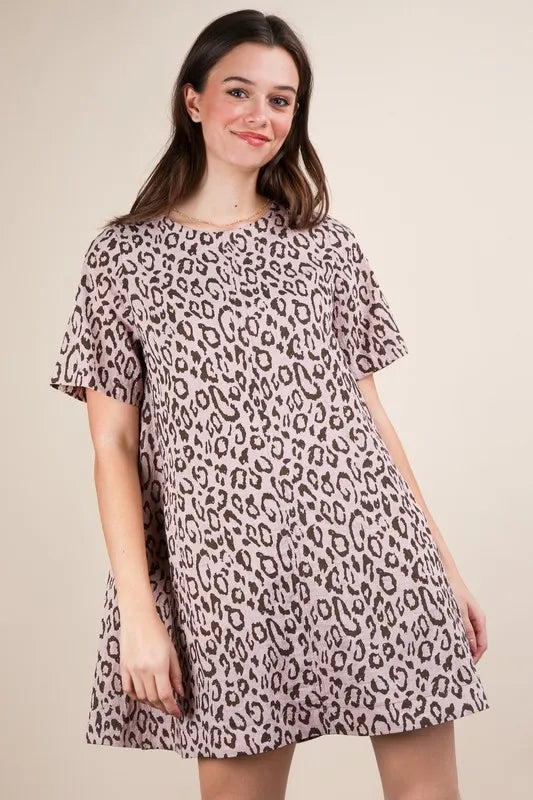 Trendy Leopard Printed Comfy Mini Dress with Pockets - 100% Cotton Relaxed Fit