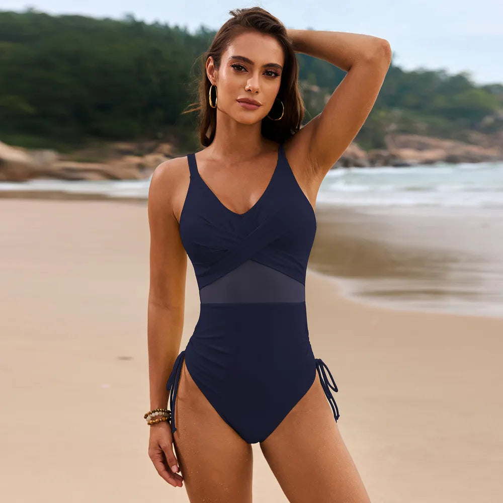 Drawstring Ruched V-Neck One-Piece Swimsuit with Removable Padding & Stretchy Material