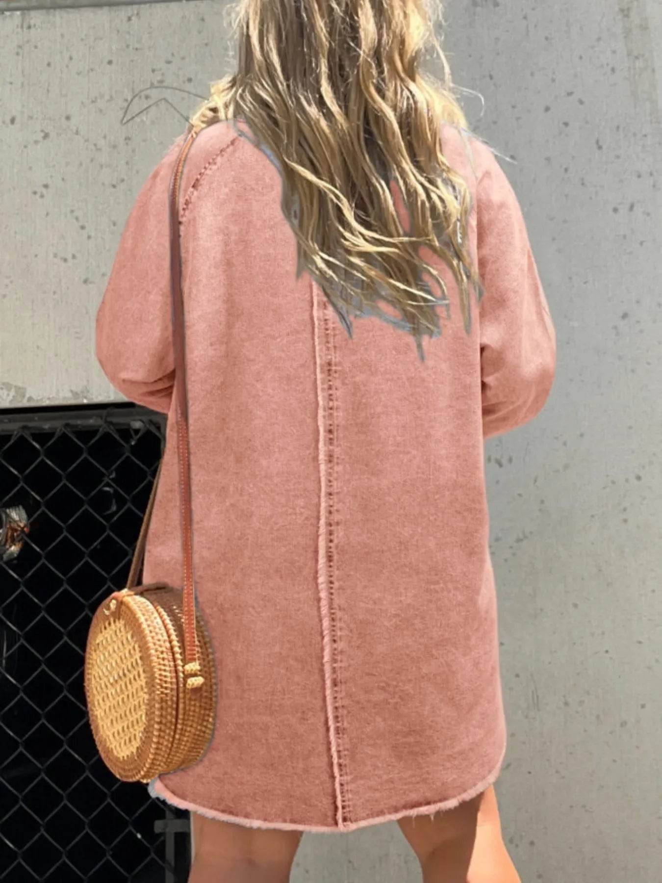 Full Size Button-Front Long Sleeve Denim Shirt Dress Plus Size - Store 42
