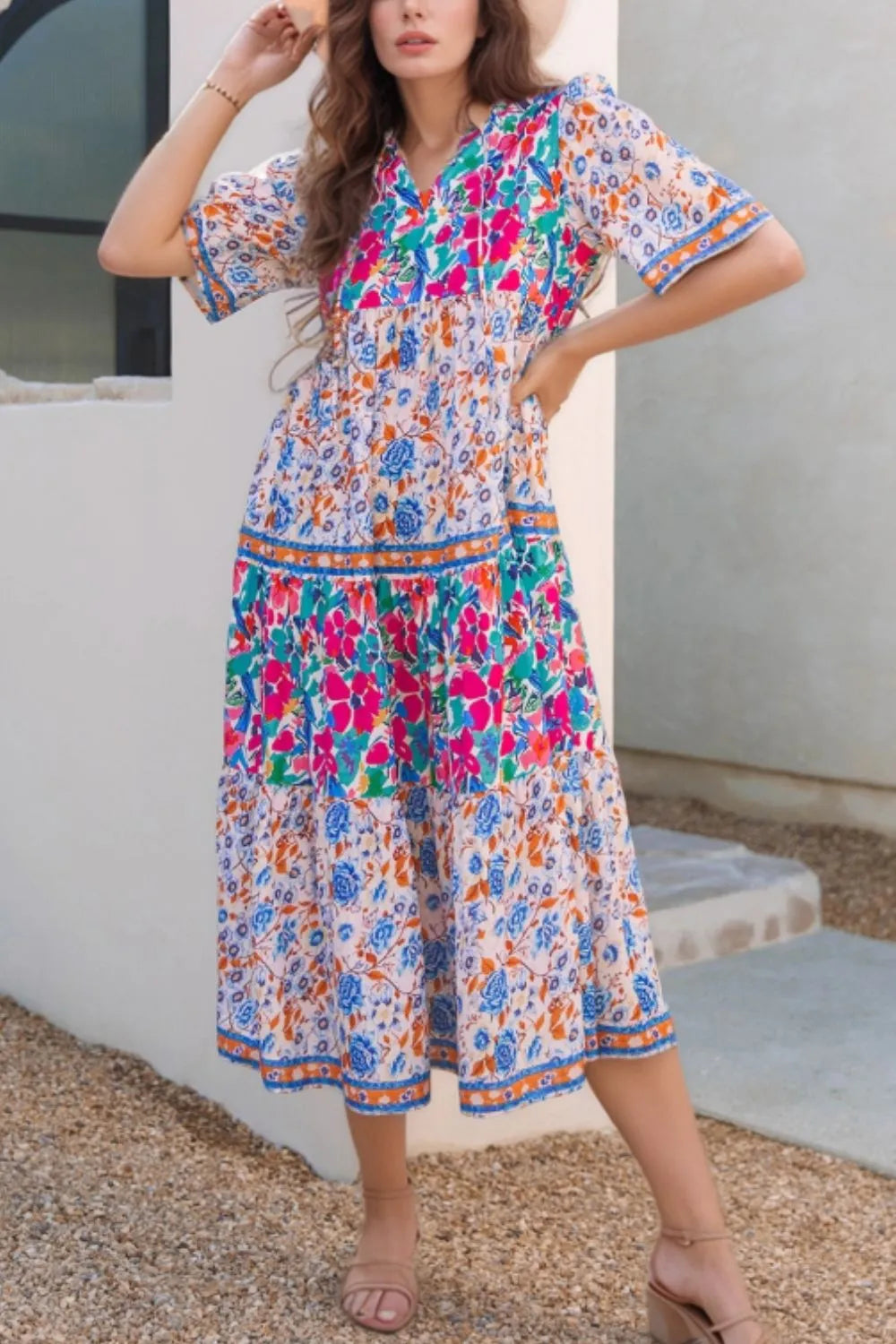 Charming Mixed Floral Print Tie Neck Short Sleeve Maxi Dress with Frill & Tiered Design