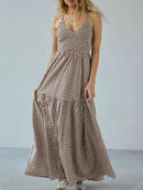 Crisscross Back Plaid Maxi Cami Dress Khaki