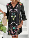 Lace Detail Printed Three-Quarter Sleeve Dress Black
