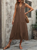 Ivy Lane Decorative Button Notched Sleeveless Dress Brown