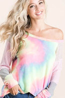 BiBi Tie Dye Terry Top with Color Block Pointelle Knit - Store 42