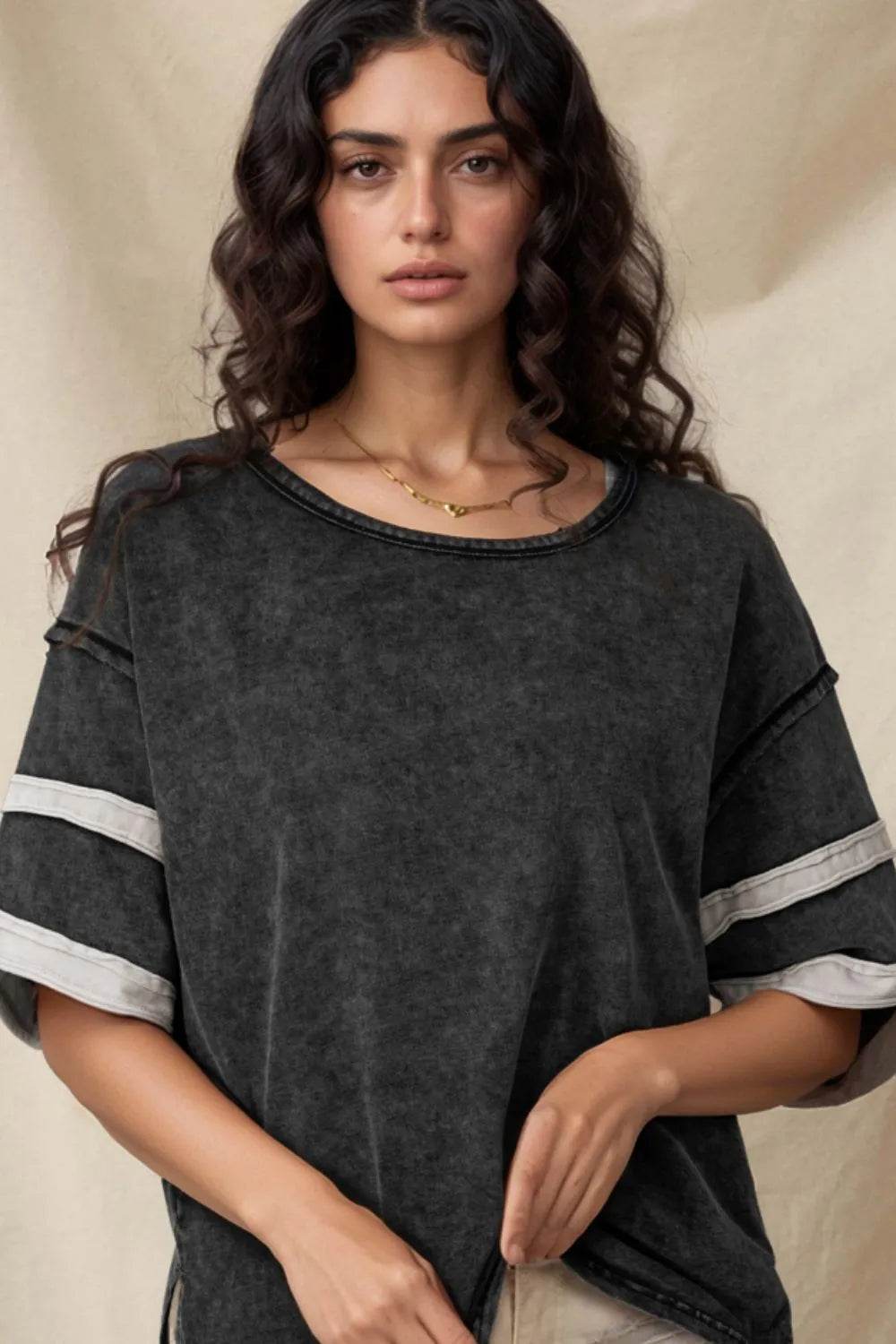 Trendy Contrast Round Neck Half Sleeve T-Shirt - Soft 100% Cotton with Seam Detail