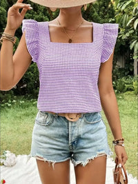 Ruffle Sleeve Gingham Square Neck Top