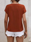 Chic Honey V-Neck Short Sleeve Blouse with Buttoned Detail - Casual Solid Polyester Top - Store 42