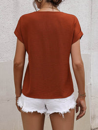 Chic Honey V-Neck Short Sleeve Blouse with Buttoned Detail - Casual Solid Polyester Top - Store 42