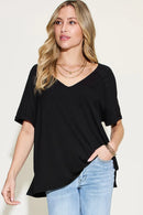 Basic Bae Full Size Bamboo Slit V-Neck Short Sleeve T-Shirt Black