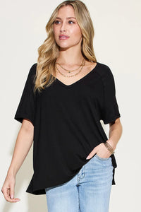 Basic Bae Full Size Bamboo Slit V-Neck Short Sleeve T-Shirt Black