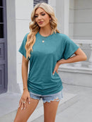 Slightly Stretchy Ruched Round Neck Short Sleeve T-Shirt for Women - Casual Basic Tops - Store 42