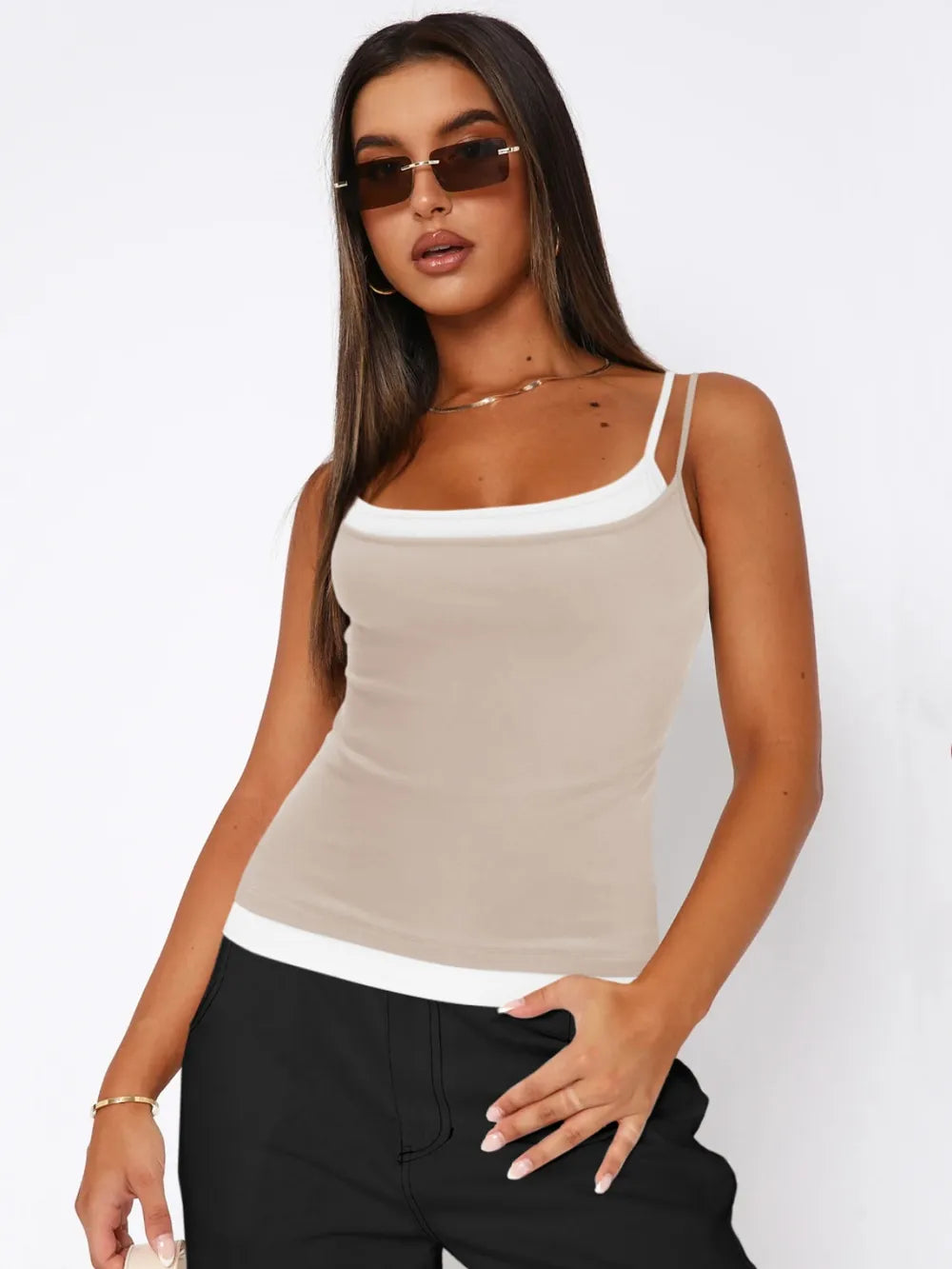 Sleek Faux Layered Square Neck Cropped Cami Top - Opaque Stretch Fabric, Perfect for Layering