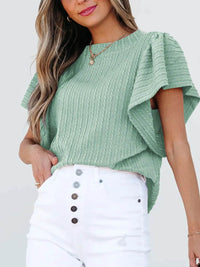 Stylish Round Neck Ruffle Sleeve Top - Slightly Stretchy, 65% Viscose & 35% Polyester, Machine Washable - Store 42