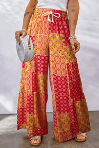 Bohemian Patchwork Drawstring Wide Leg Pants Red