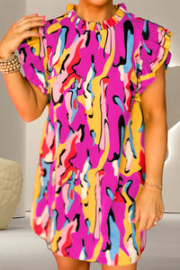 Ruffled Printed Cap Sleeve Mini Dress Hot Pink