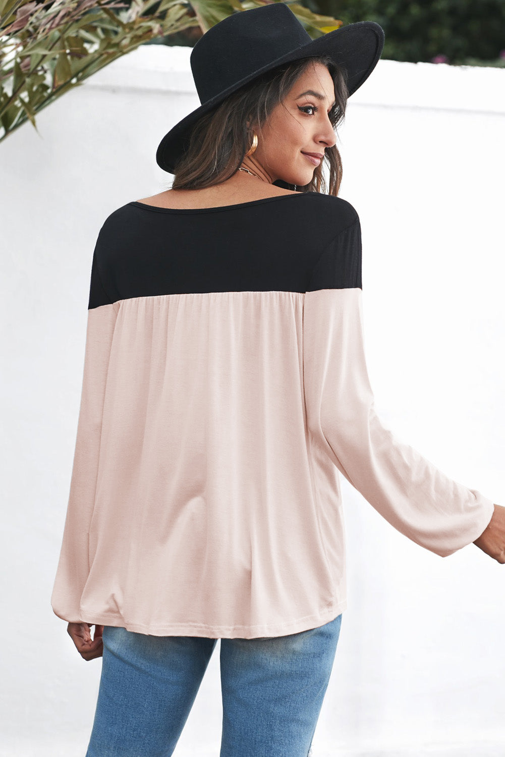 Color Block Contrast Balloon Sleeve Blouse - Casual Long Sleeve Top for Everyday Wear