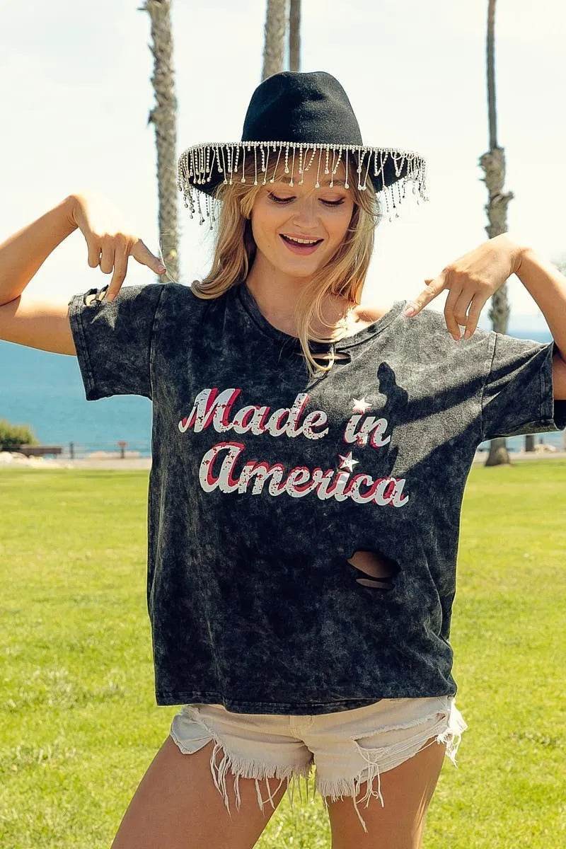 Trendy Laser Cut Mineral Washed Top with America Print - 100% Cotton Patriotic Style - Store 42