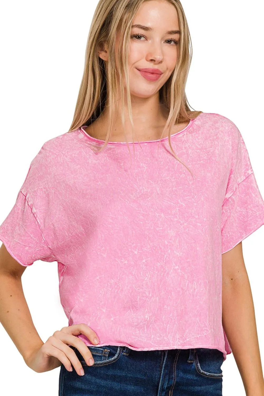 Trendy Pink Acid Wash Oversized Crop Box Tee - Soft Cotton Blend, Relaxed Fit, Rolled Sleeves