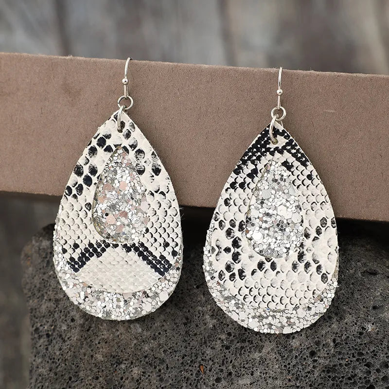 Trendy PU Leather Sequin Teardrop Earrings - Stylish Alloy Jewelry Accessory