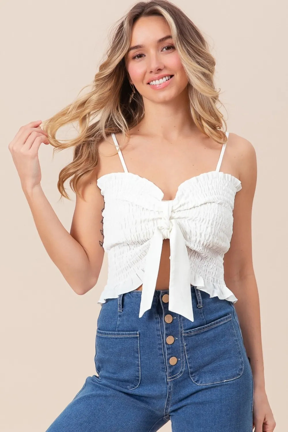 Elegant BiBi Ruffled Smocked Cami with Ribbon Detail for Feminine Style
