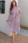 Printed Shirred Sleeve Buttoned Front Midi Dress with Sash Moonlit Mauve