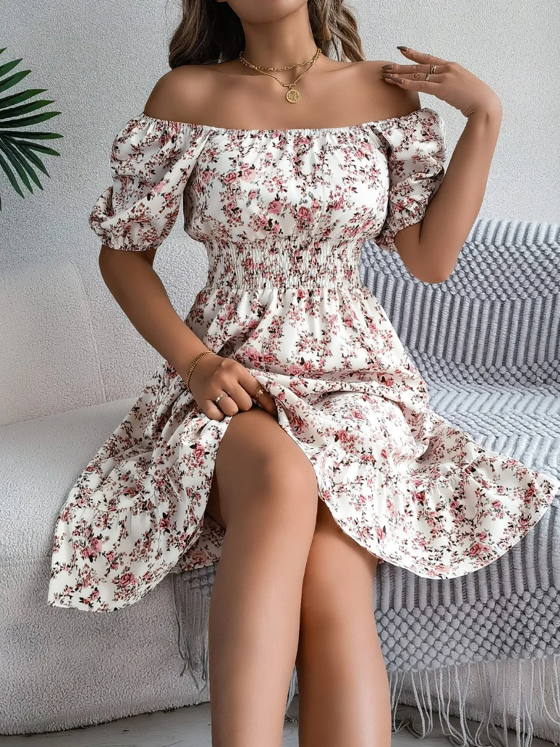 Ruffled Hem Floral Puff Sleeve Dress Cream