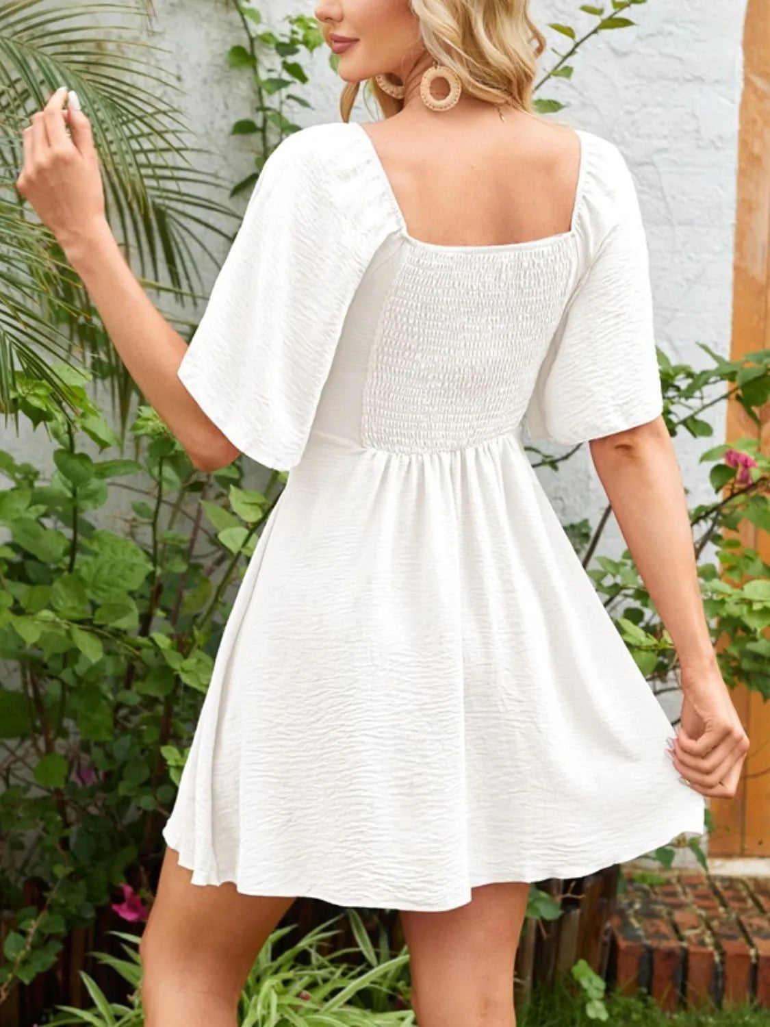 Elegant Smocked Back Knotted Flutter Sleeve Dress - Opaque 95% Polyester, Perfect for Any Occasion