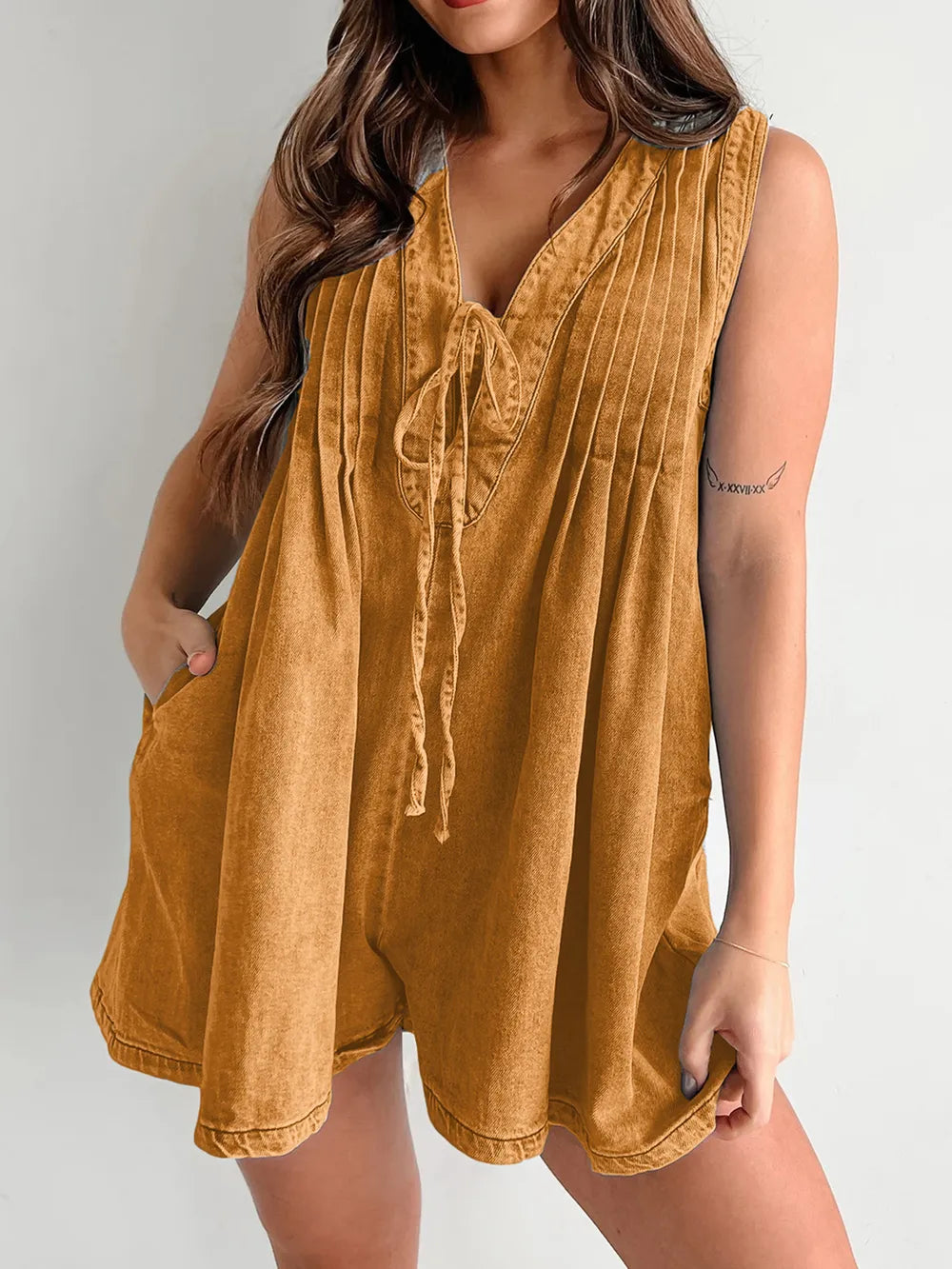 Tied Romper with Pockets Caramel