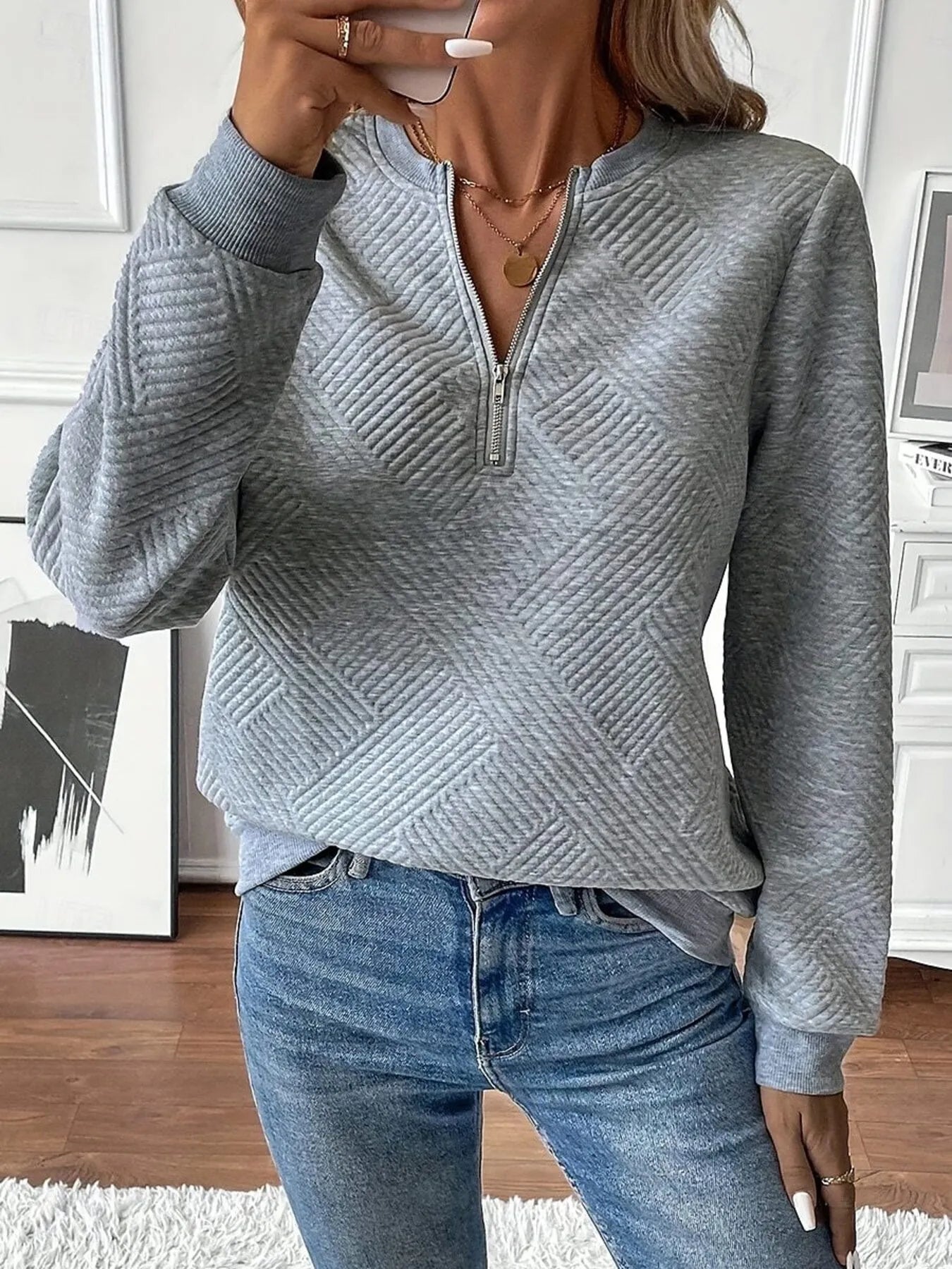 Trendsi Quarter Zip Textured Long Sleeve Sweatshirt, 95% Polyester, Stylish Comfort