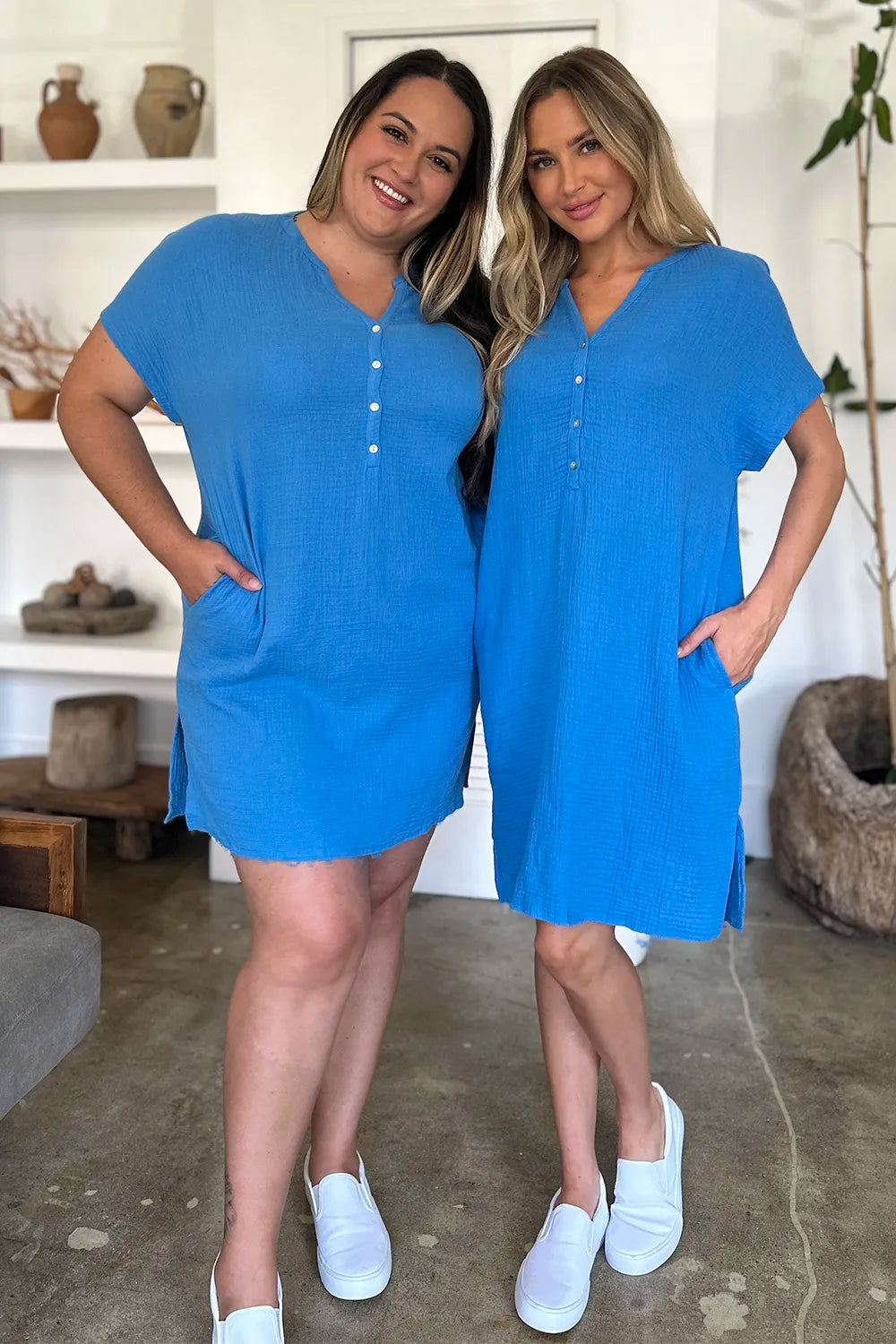 FAM-FAM 100% Cotton Slit Notched Mini Dress with Short Sleeves - Opaque & Buttoned Design