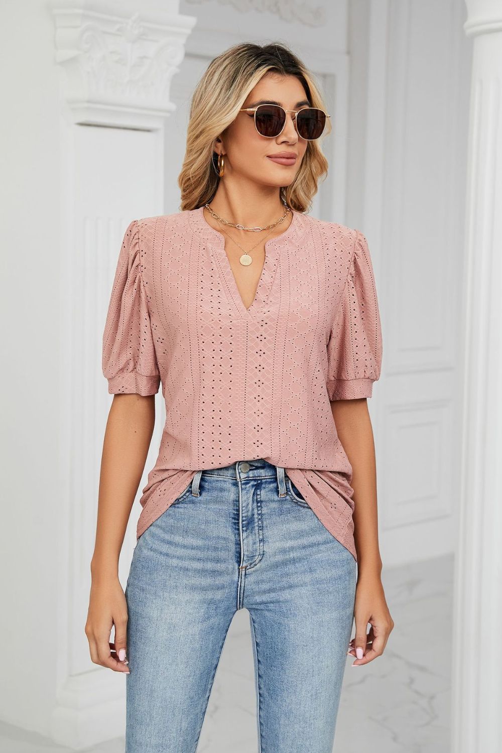 Trendsi Women’s Eyelet Puff Sleeve Notched Neck Top - Casual Solid Regular Fit