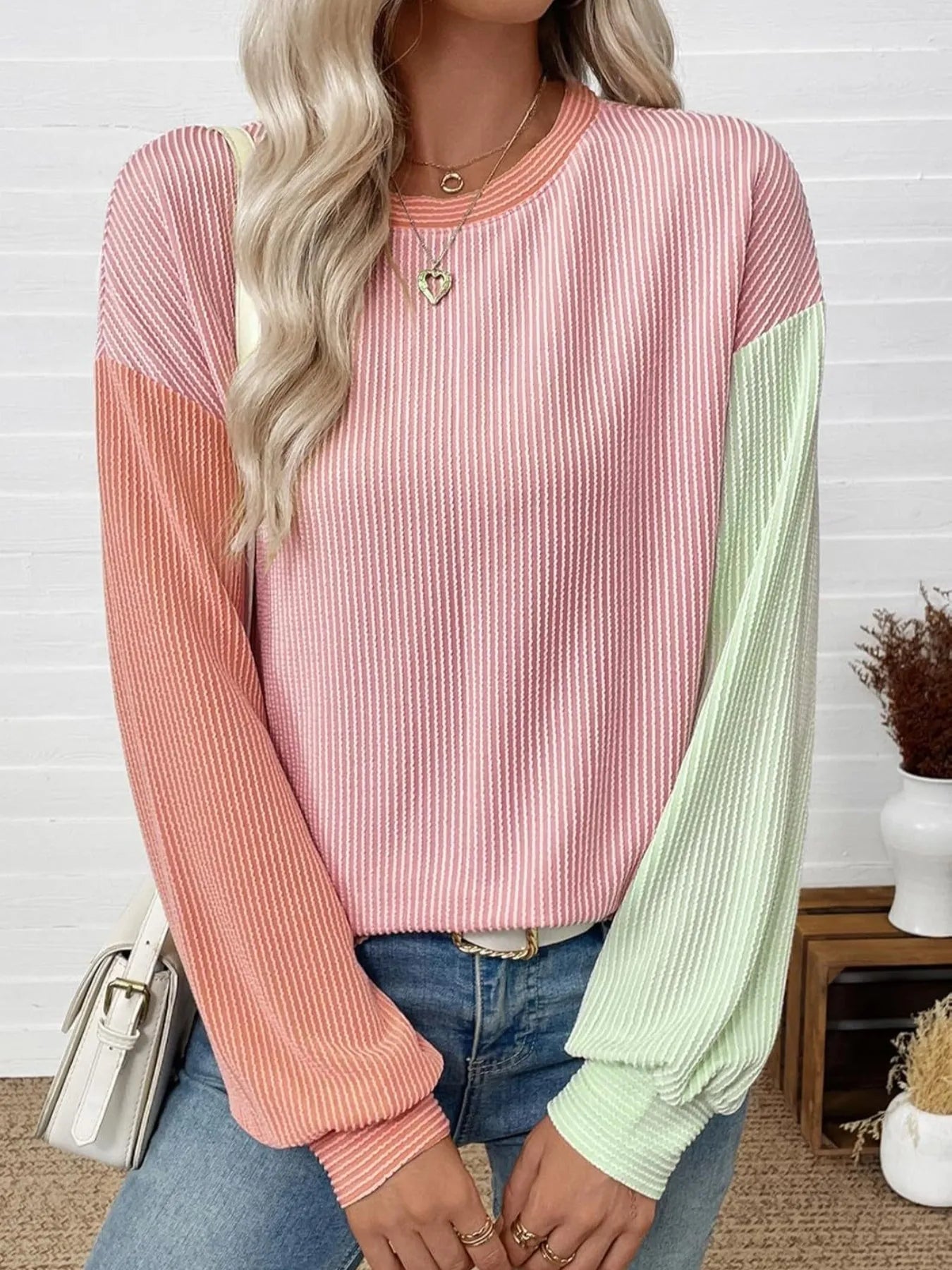 Trendy Color Block Ribbed Long Sleeve T-Shirt – Slightly Stretchy, Soft Polyester Blend