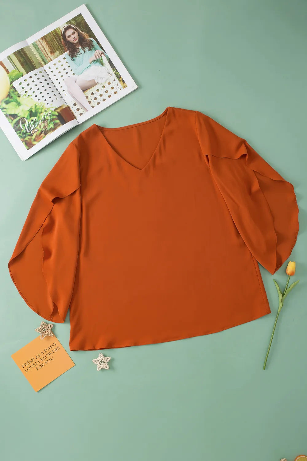 Stylish Plus Size V-Neck Blouse with Petal Sleeves - Opaque 100% Polyester - Trendsi