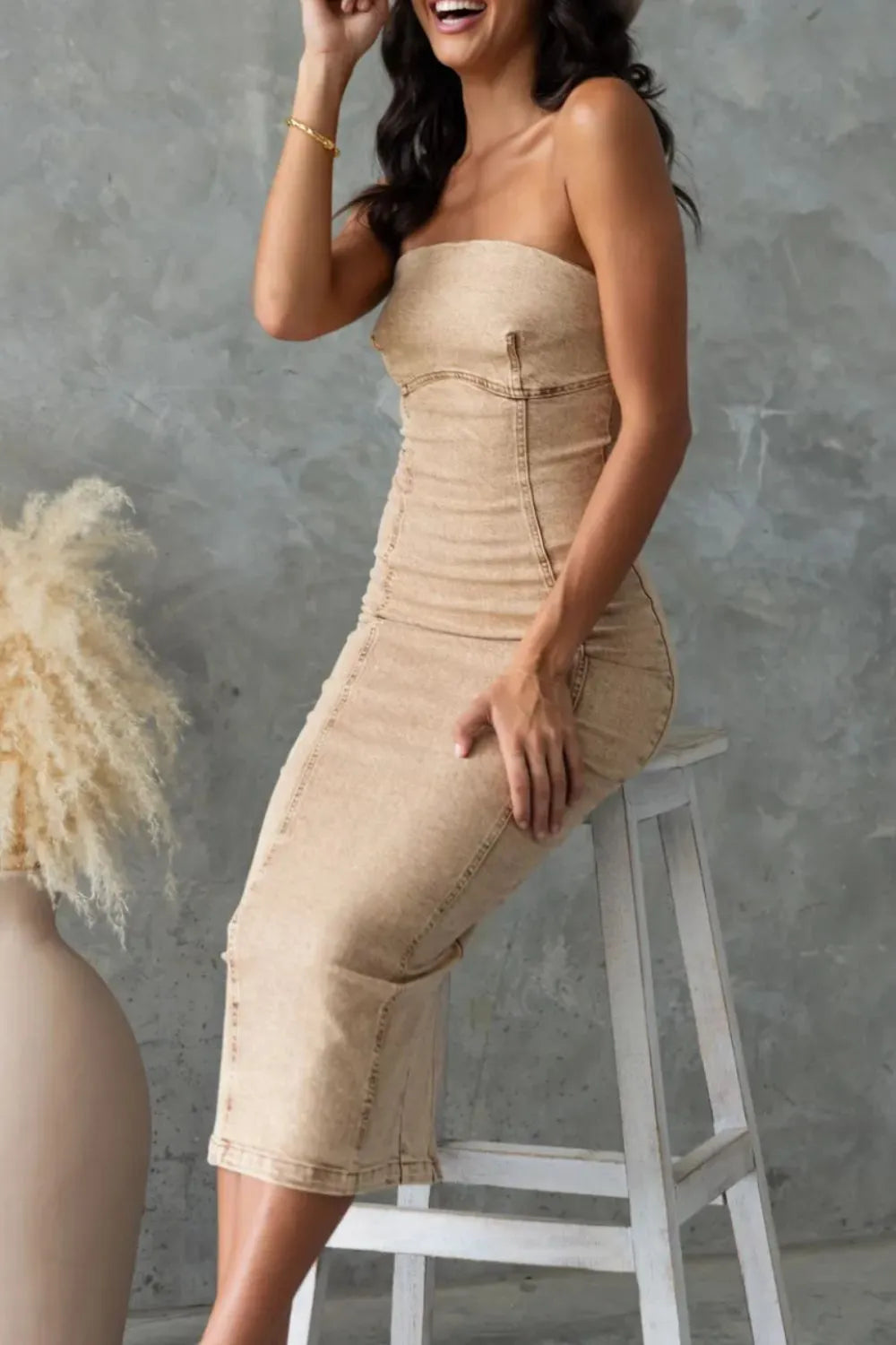 Washed Denim Tube Dress with Slit Back – Stylish and Comfortable, Sizes S to XL