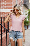 Stylish Eyelet Flutter Sleeve Top with Scalloped V-Neck - Semi-Sheer Casual Blouse - Store 42