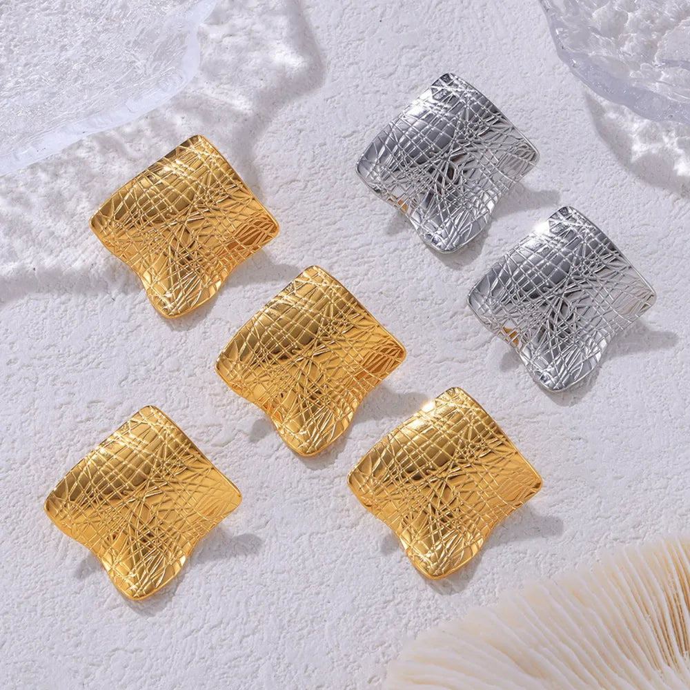 Stylish 18K Gold-Plated Textured Titanium Steel Stud Earrings - Lightweight & Durable
