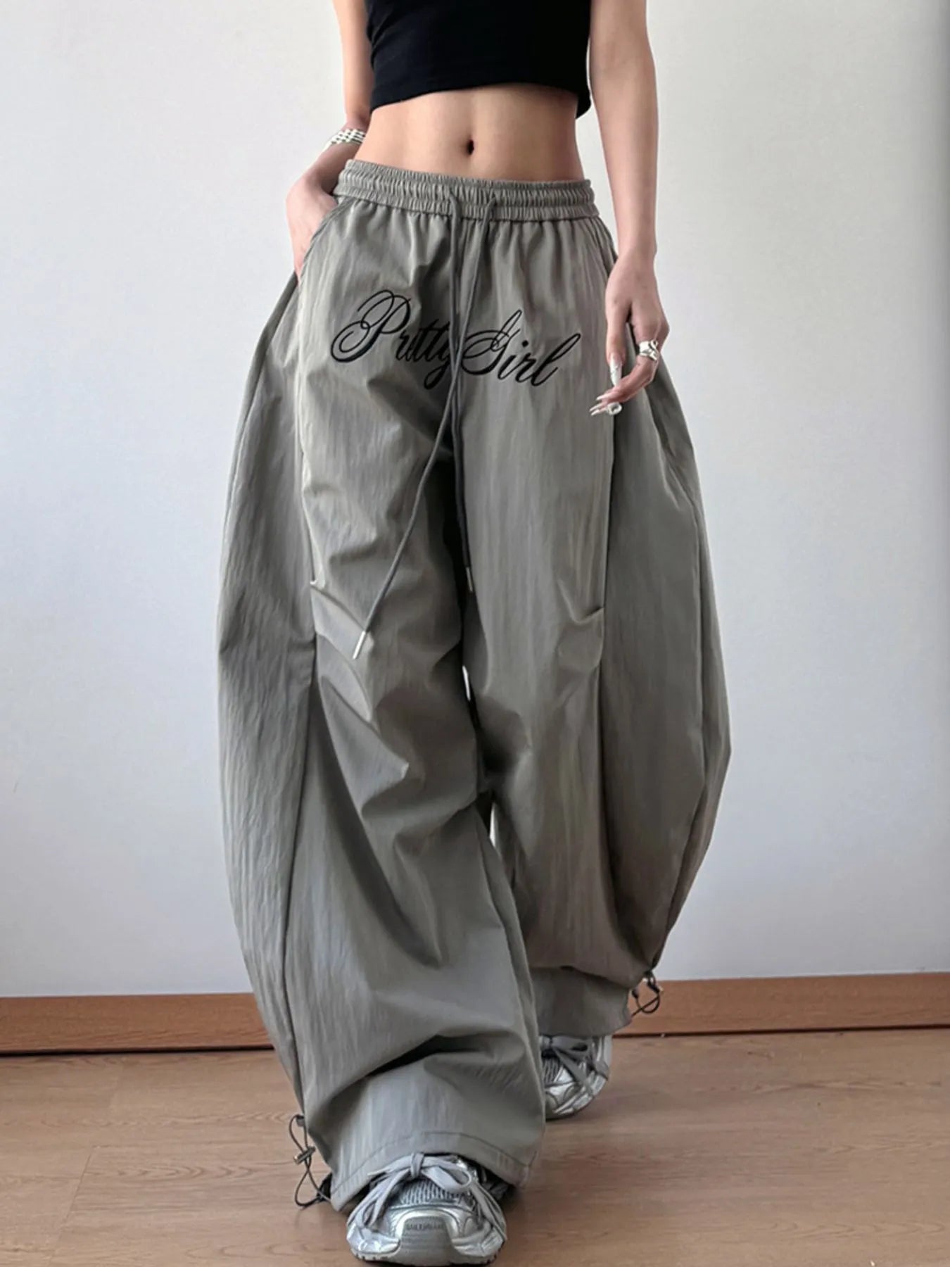 Oversized Drawstring Wide Leg Casual Pants with Pockets - 100% Polyester Comfort