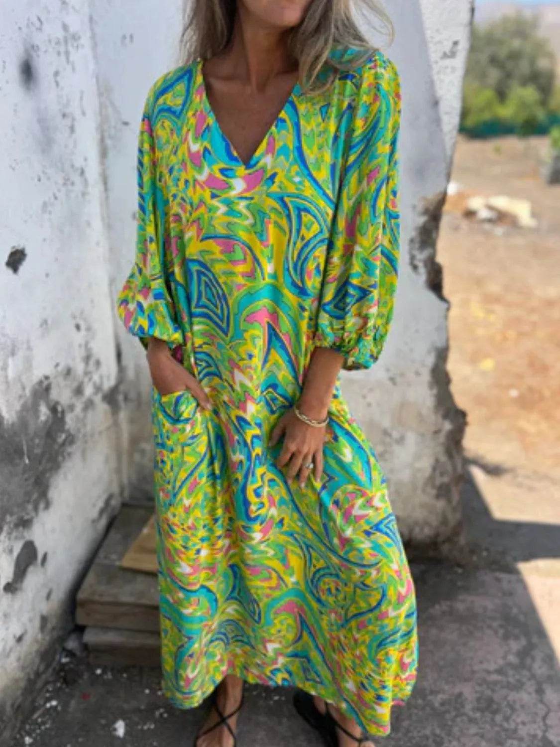 Full Size Printed V-Neck Dress with Pockets Plus Size - Store 42