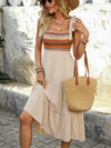 Tie Shoulder Square Neck Tiered Midi Dress Tan
