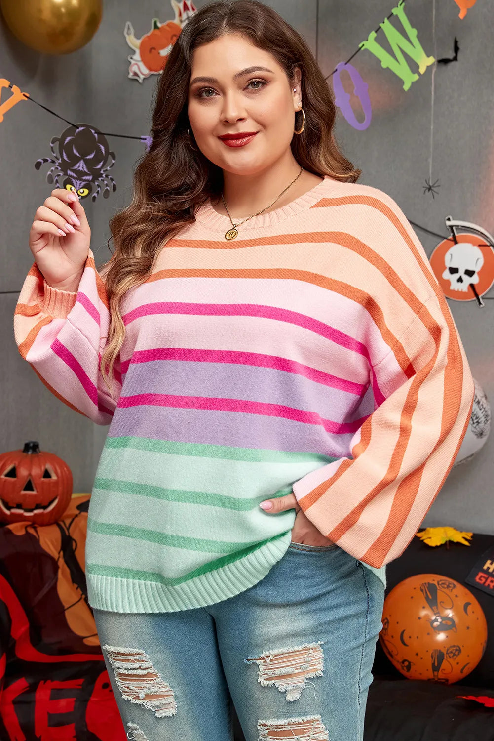 Plus Size Striped Long Sleeve Sweater with Round Neck - Comfortable Stretch Knit