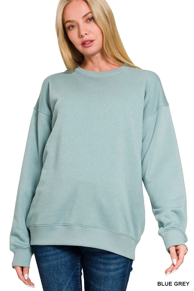 Zenana Oversized Fleece Crewneck Sweatshirt - Soft Cotton Blend in Elegant Blue Grey