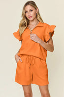 Double Take Full Size Texture Flounce Sleeve Top and Drawstring Shorts Set Tangerine