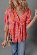 Zebra Stripe Print Ruched Cuff Half Sleeve V Neck Blouse
