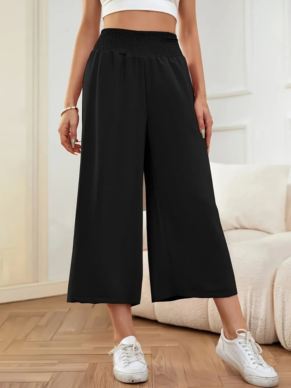 Trendy Elastic Waist Wide Leg Pants for Women - Comfort Fit, 100% Polyester, Versatile Style